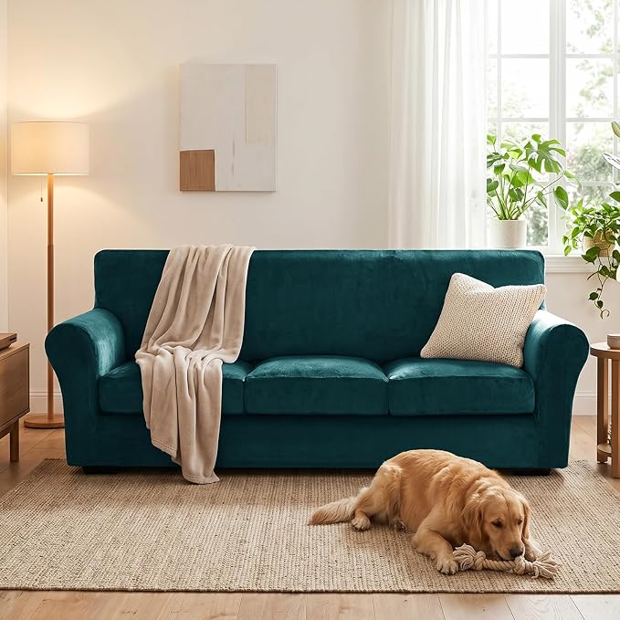 XINEAGE 4-Piece Velvet Sofa Cover,Couch Covers for Dog,Dark Green | 3 Cushion Sofa,Stretch Non-slip Elastic, Pet-friendly, Washable, Fast Setup, Soft Plush Fabric, Furniture Protector. - Image 4