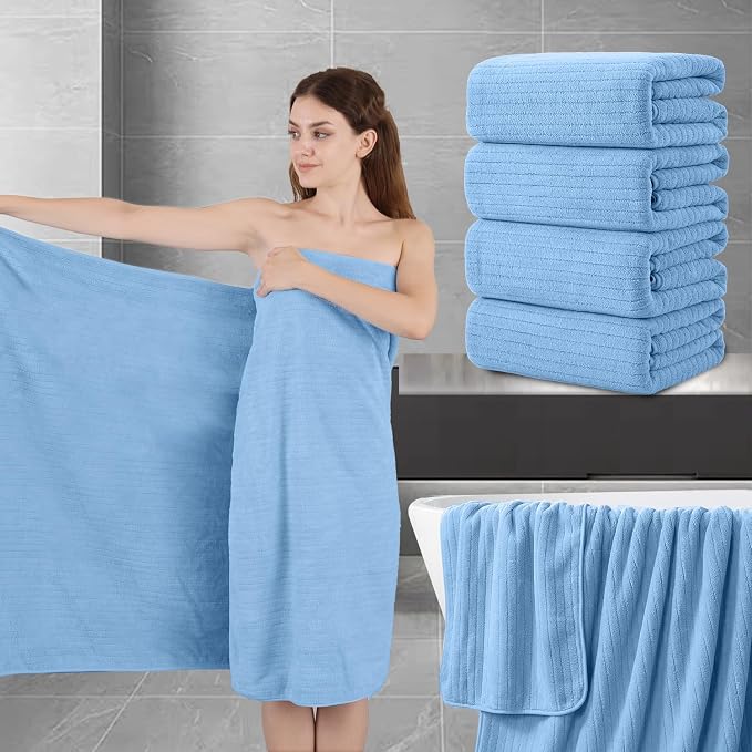 Extra Large Bath Sheet Set of 4,Ultra Soft Fluffy Towel,35”x 70”Oversized Bath Towel Set,Premium Microfiber Bathroom Towel Set Highly Absorbent Quick Dry Shower Towel for Bathroom,Hotel,Spa (Blue) by JessyHome