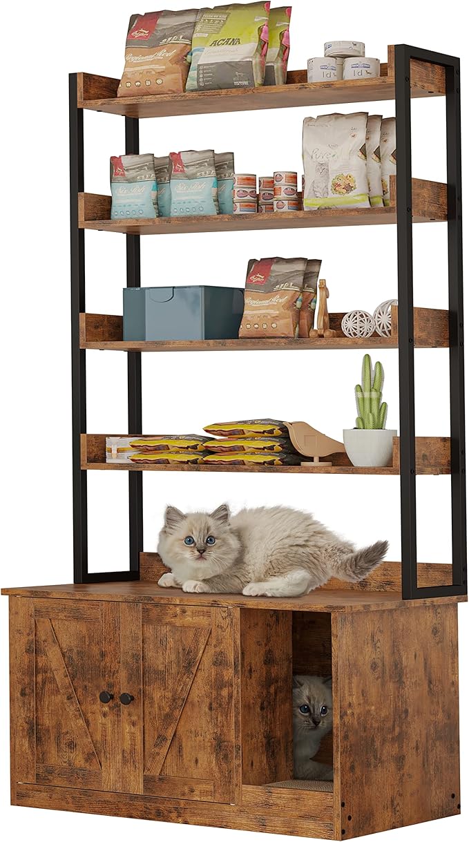 IRONCK Litter Box Enclosure with 4 Shelves and Doors, Large Wood Cat Litter Box Furniture Hidden with Storage and Scratch, Fit Most of Litter Box, Vintage Brown - Image 3