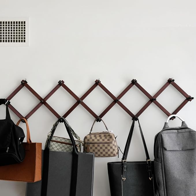 SKOLOO Accordion Wall Hanger with 16 Hooks, Modern Expandable Coat Rack Hat Rack for Wall, Solid Wooden, Cherry Red - Image 2