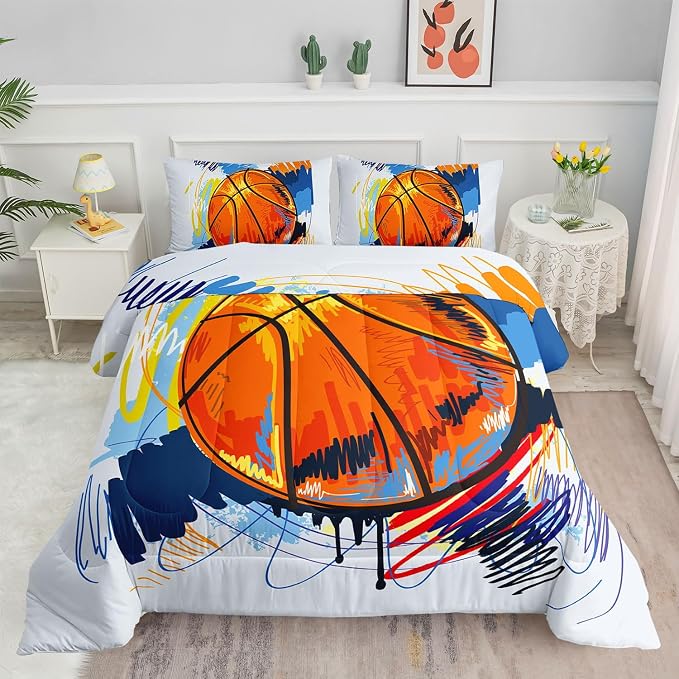 Basketball Comforter Set Hand Drawn Basketball Sports Comforter Sets Quilt with 1 Comforter and 2 Pillowcases for Kids Boys Girls Bedroom All Season（Basketball-3 Full） by SmellSunshine