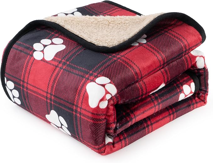 Waterproof Dog Blankets Pet Blanket 50"x60", Soft Fluffy Sofa Car Bed Protector, Reversible Sherpa Fleece Dog Blanket for Large Dogs Christmas Decor(Paw Red) by CAPTSNOOZE