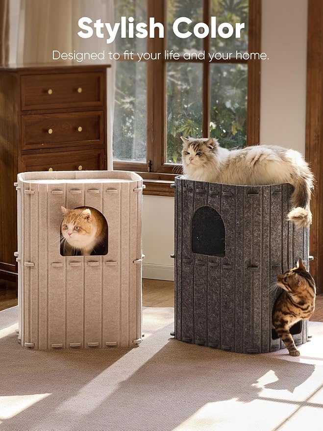FUKUMARU Cat House for Indoor Cats, Warm Felt Cat Bed, Scratch Resistant | Large Cat Bed Cave, 3-in-1 Cat Condo, Cozy Felt Covered Cats Tunnel, 23.62 Inch Kitten Hideaway for Multicats, Beige - Image 6