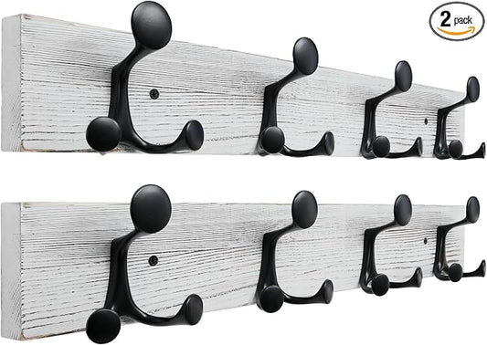 SKOLOO 24-Inch Wood Coat Rack Wall Mount with 4 Triple Hooks - Ideal for Family Entrances, Classrooms, and Pet Supplies Storage - Perfect Coat Hooks for Wall,Distressed White Wash, Pack of 2 by SKOLOO