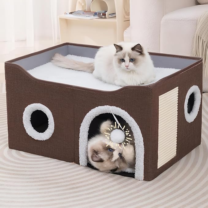 Loyareal Cat Houses for Indoor Cats - Large Cat Bed Cave with Scratch Pad and Fluffy Ball, Foldable Cat Condo Hideaway with Reversible Cushion for Multi Small Pet，Brown by Loyareal