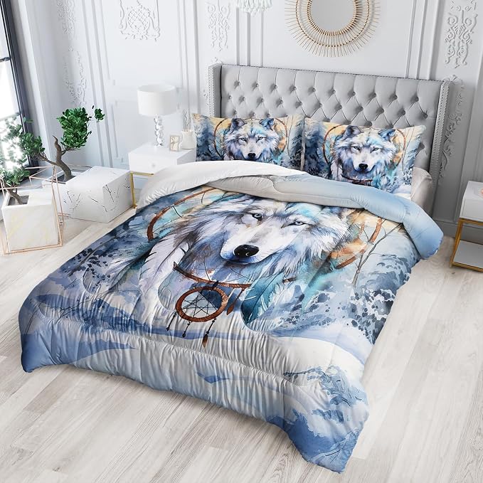 Nttopship White Wolf Comforter Sets Twin Size for Kids,White Wolves 3D Cartoon and Dream Catchers Comforter Sets All Season 1 Comforter and 2 Pillowcases - Image 3