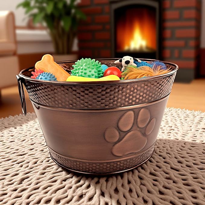 BREKX Metal Indestructible Dog Toy Bin - Chew-Proof Storage Bin | Copper Finish Farmhouse Organizer Storage Basket for Pet Toys, Blankets, Leashes with a Embossed Paw-Print - Image 4