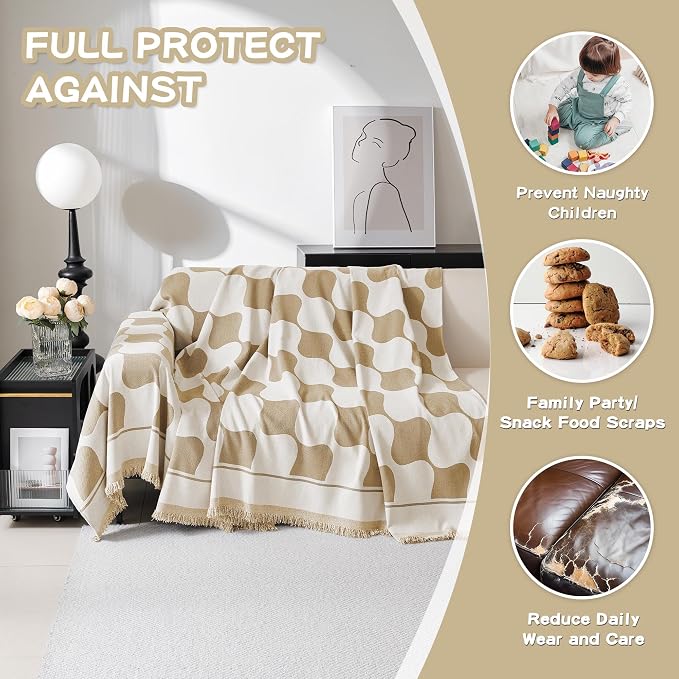 MEETSKY Couch Cover Modern Khaki White Plaid Jacquard Sofa Slipcover U Shape Sofa Protector for 3 Cushion Couch Sofa, Chenille Sofa Couch Coverfor Dogs Kids, 91" X134", Khaki Checkerboard - Image 5