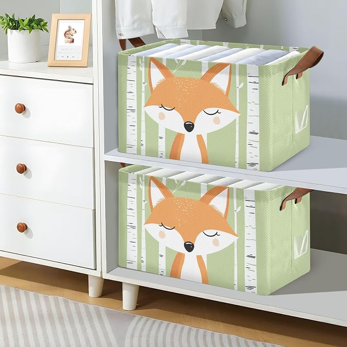 Woodland Cute Cartoon Fox Baby Storage Basket with Labels&Handles Forest Animal Fox Nursery Storage Bins Collapsible Shelf Organizer Baskets for Kids Books Cloth Gift Basket Toys Laundry - Image 3