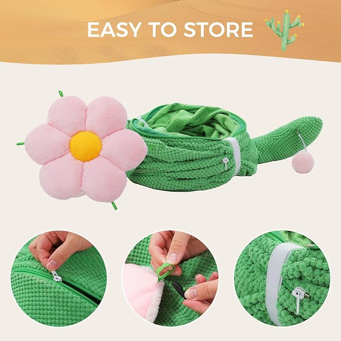 PEQULTI Cat Tunnel with Bed for Indoor Cats, Cat Play Donut Tunnel with Washable Soft Plush Flower Mat, Round Tube Toys Cute Tube for Kittens, Puppies, Rabbits and Ferrets, Green&Pink - Image 7