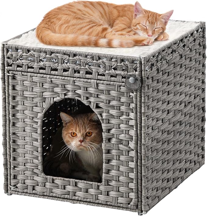 SETVSON Cat Houses for Indoor Cats Extra Large Double Cat Cave, Gray | Spacious Multi-Cat House, Furniture End Table Look, Soft Washable Cushion, Sturdy Metal Frame, 18.5x20.5x19.1 In Woven Cube by SETVSON