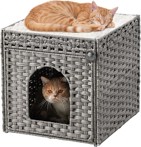 SETVSON Cat Houses for Indoor Cats Extra Large Double Cat Cave, Gray | Spacious Multi-Cat House, Furniture End Table Look, Soft Washable Cushion, Sturdy Metal Frame, 18.5x20.5x19.1 In Woven Cube by SETVSON