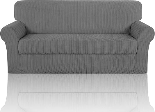 Sofa Cover Stretching Skid Resistance Couch Cover for Pets Washable, Thick and Durable Soft High Spandex Striped Pattern Sofa Covers, Form Fitted Sofa Slipcover(Sofa, Light Gray) by ChengEase