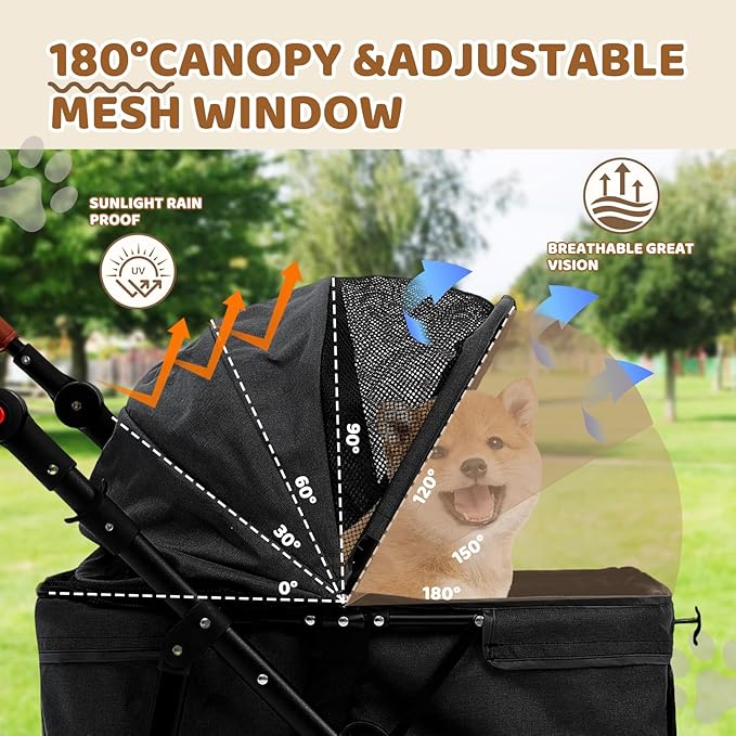 Dog Stroller for 2 Dogs, Pet Stroller for 2 Small Dogs, 360°All-Terrain 4-Wheel Cat & Dog Stroller, Adjustable Handle & Canopy, Cup Holder, Storage Organizer, Foldable & Ventilated (Black)