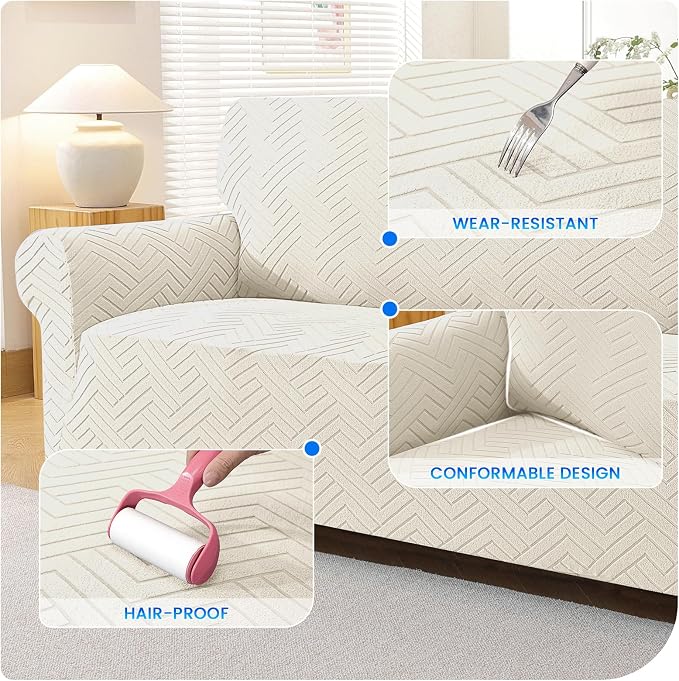 Stretch Sofa Cover Non-Slip Washable Furniture Protector | Stretch, 71"-91".Soft, Non Skid Foam, Elastic Bottom, Machine Washable, for Kids & Pets, Couch & Sofa, Beige White - Image 6