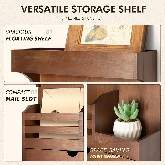 Rebee Vision Key Holder Wall Mount with Drawer Organizer for Entryway,Brown | Pine Wood, 6 Key Hooks, Display Shelf for Plants, Mail Slot for Storage Letter, Multi-Funtional Design, Home Storage - Image 6