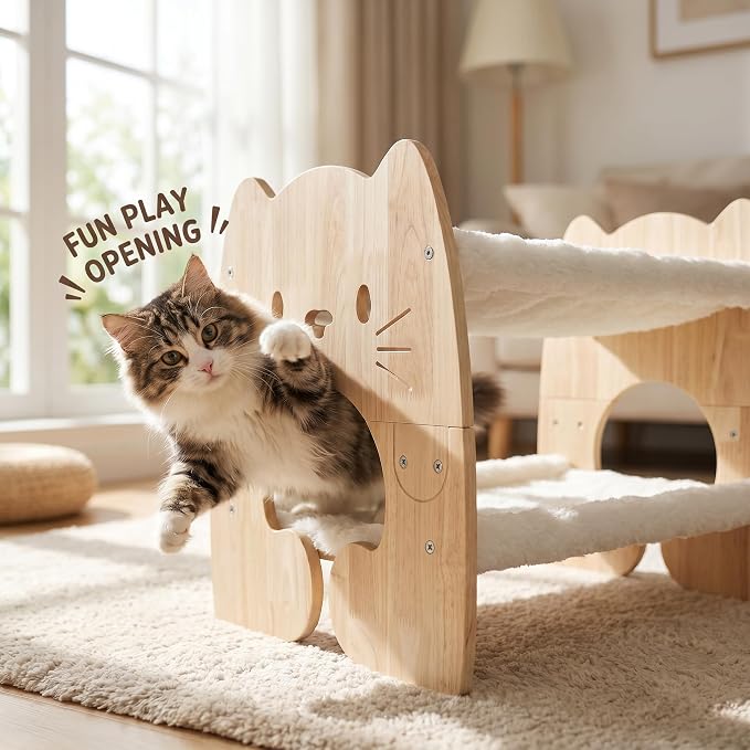 Elevated Cat Bed, Solid Rubberwood Cat Hammock Bed with Soft Breathable Cover, Double Pet Beds for Multi-Cats Households Small Dog Rabbit - Image 3