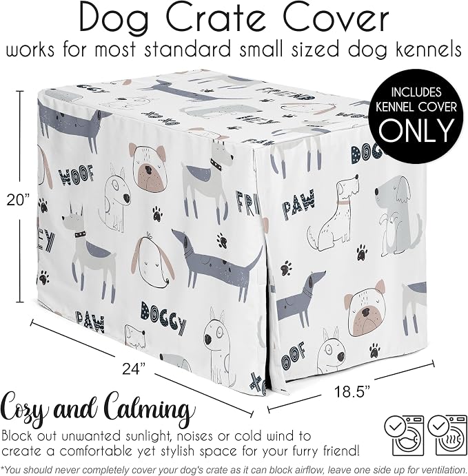 Sweet Jojo Designs 24in. Small Dog Crate Cover (Cartoon Puppy Print) Pet Cage, Kennel Covers (Neutral, Modern, Bulldog, Wiener Doggy, Paws, Whimsical, Playful, Woof, Dachshund, Blue, Taupe, Grey) - Image 5