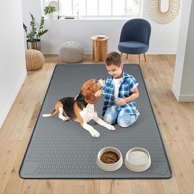 Dog Food Mat 50''x35'' Extra Large Dog Mat for Food and Water, Dark Grey | Silicone Dog Bowl Mat with Raised Edge, Waterproof Non-Slip Pet Feeding Mat for Floors, fit for Dog Cat Bowls - Image 6
