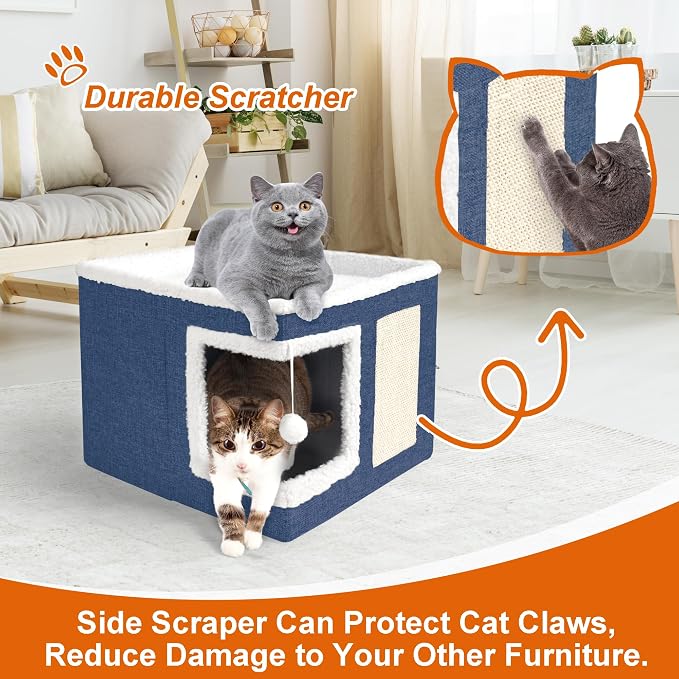 Loyareal Cat Houses for Indoor Cats - Large Cat Bed Cave with Scratch Pad and Fluffy Ball, Foldable Cat Condo Hideaway with Reversible Cushion for Multi Small Pet, Navy Blue - Image 2