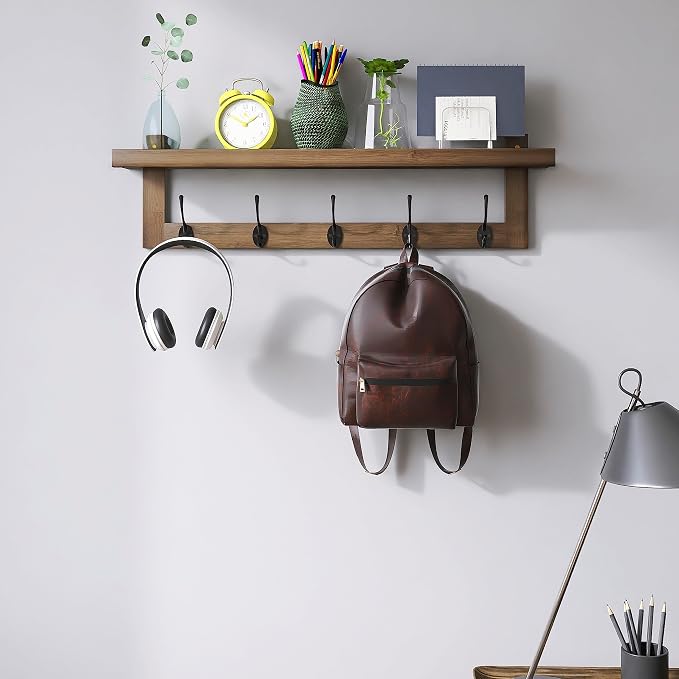 SMIBUY Coat Hooks with Shelf Wall-Mounted, 29.2 Inch Entryway Coat Rack for Wall, Bamboo Hanging Shelf with 5 Double Metal Hooks for Bathroom, Bedroom, Kitchen, Living Room, Mudroom (Walnut) - Image 3