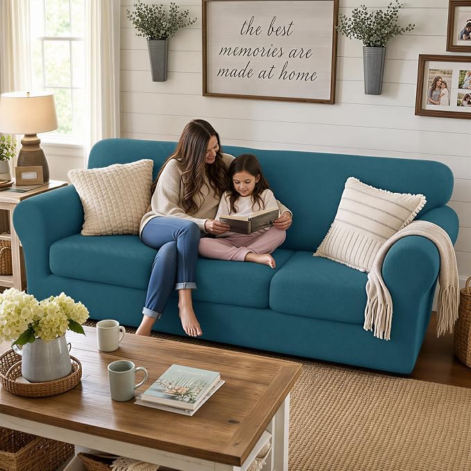 XINEAGE New 3 Pieces Couch Covers for 2 Extra Large Cushion Sofa Super Stretch Sofa Cover for 2 Large Seat Universal Loveseat Slip Cover for Living Room (Peacock Blue), 71"-91"(2 Cushions) - Image 3