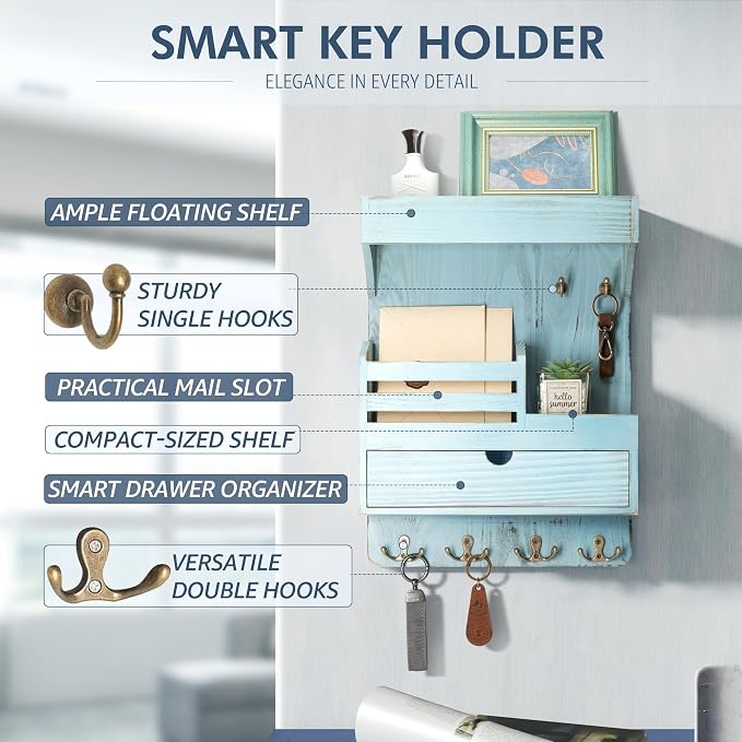 Rebee Vision Key Holder Wall Mount with Drawer & Shelf for Entryway, Blue | Pine Wood, Key Holder for Wall, 6 Sturdy Hooks, Floating Shelf, Drawer Organizer, Mail Sorter, Home Decor, Decorative Storage - Image 5