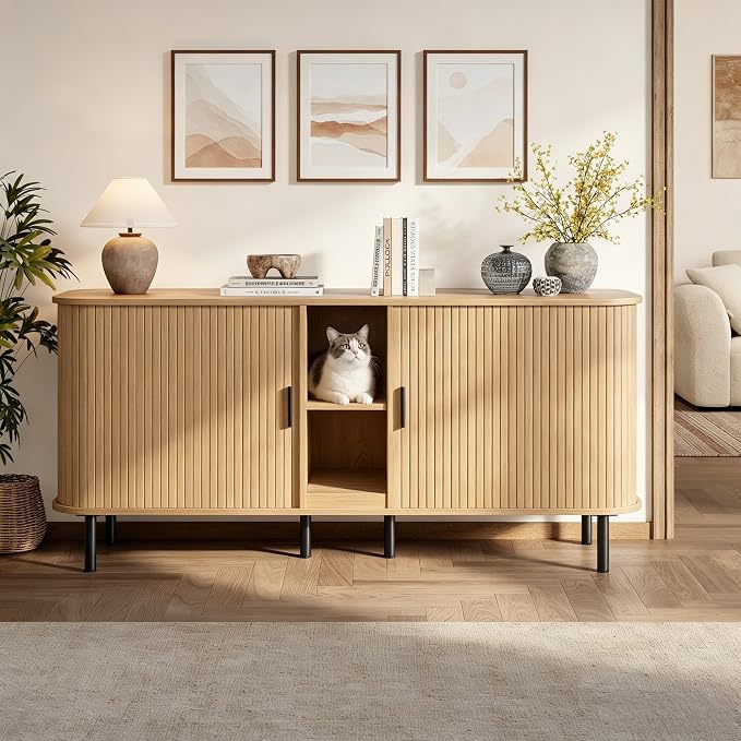 58" Double Cat Litter Box Enclosure, Large Hidden Litter Box Furniture for 2 Cats with Cat Scratch Pad, Wooden Modern Indoor Cat House with Double Room, TV Stand, Side Table, Natural - Image 8