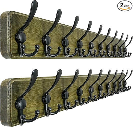 Dseap Coat Rack Wall - Heavy-Duty 38-1/4" Long, with Reinforced 10 Custom Tri-Hooks, Solid Wood Wall Hanger for Coats Hat Jackets - Rustic Farmhouse Entryway Storage,Weathered Green & Black,Pack of 2 by Dseap