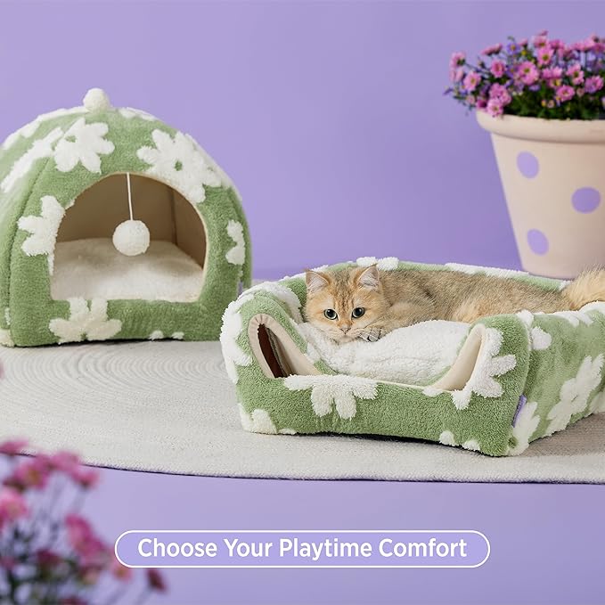 Lesure 2in1 Cute Cat House for Kitten with Washable Cushioned Pillow,17.3in | Cat Beds for Indoor Cats,Small Pet Cave Tent,Cozy Enclosed Foldable Hideaway,Fluffy Ball,Anti Slip Bottom,Hand Strap,Green - Image 3