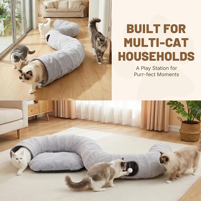 Extra Large Cat Tunnel, 47.2in Multi-Cat Family Big Cat Tunnel for Cats, Long Cat Tunnel Bed with Washable Plush Mat, XXL Pet Play Tunnel Toy for Cats, Puppy, Rabbits Grey - Image 2