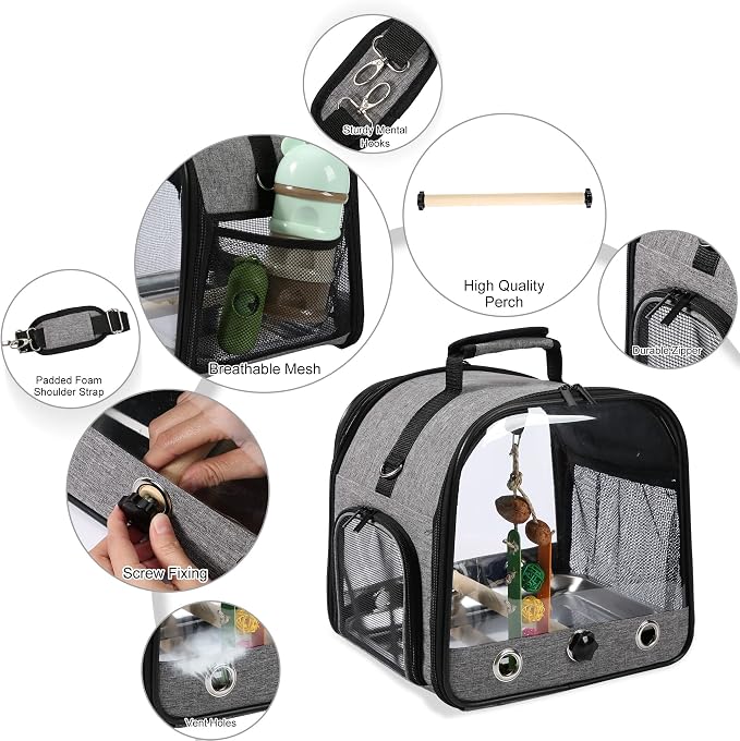 Small Bird Carrier Bag with Stand, Lightweight Backpack for Parrot, Portable Cockatiel Travel Cage with Bird Toy, Pet Transparent Breathable Carrier, Gray - Image 3