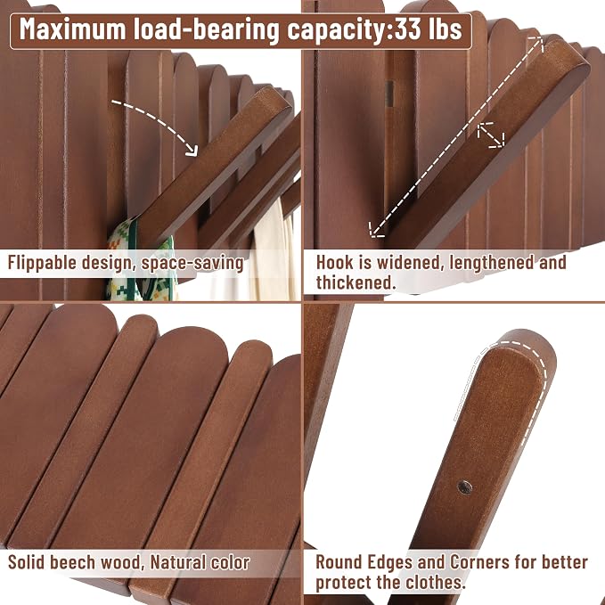 Wall Coat Rack for Entryway: Folding Wood Modern Heavy Duty 8 Hooks | 21.6'' Wall Mounted for Mid Century Home Decor Bathroom Bedroom Hallway for Hanging Towel Jacket Backpack Bag - Image 3
