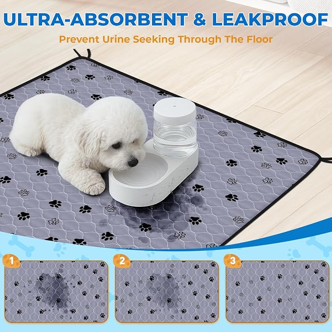 Fostanfly Washable Pee Pads for Dogs, Ultra-Absorbent, 2 Pack 36"x41" Gray | Leak-Proof, Waterproof, Non-Slip, Large Reusable Pee Pads for Puppy Potty Training, Crate and Playpen with 8 Tie Straps - Image 3