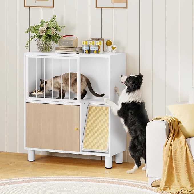 Dog Proof Cat Feeding Station, Metal Cat Feeding Cabinet, White | Elevated Cat Feeding Station, Pet Food Station with Storage, Cat Bowl Stand, Scratching Board, Stainless Steel Bowls - Image 8