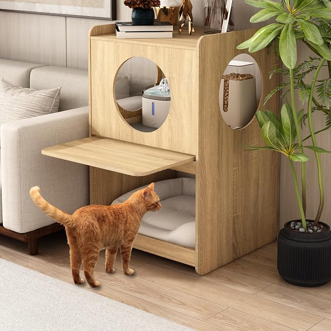 GDLF Cat Feeding Station with Water Fountain Space, Elevated Window Perch | Elevated Feeding Area, Spill-Proof Silicone Mat, Window Perch, Pull-Out Platform, Hidden Cat Storage - Image 5