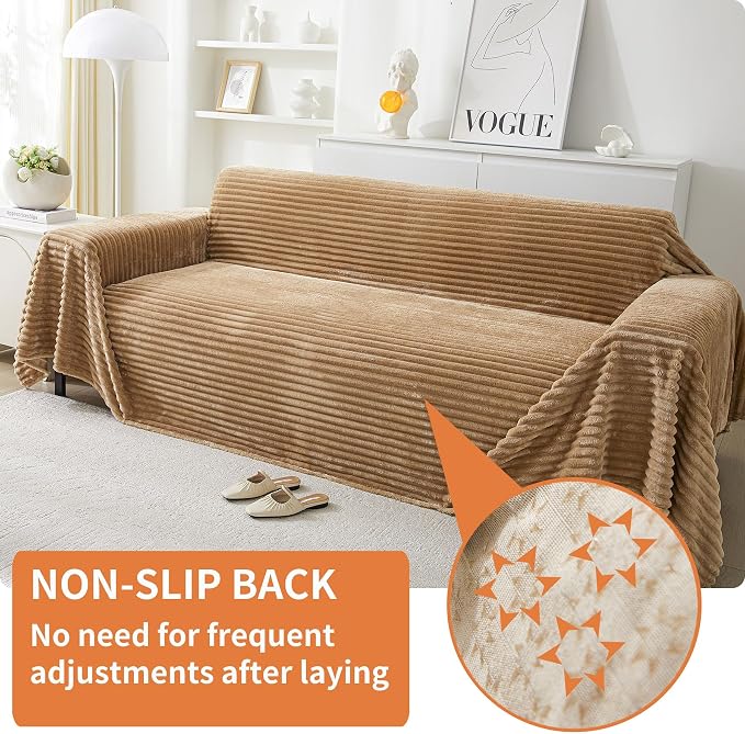HAOMAIJIA Faux Fur Sofa Covers Couch Covers for 3 Cushion Couch Sofa Pet Friendly Soft Non Slip Couch Cover for Dogs Washable Sectional Couch Covers L Shape Furniture Protector (Khaki, 71"x134") - Image 2