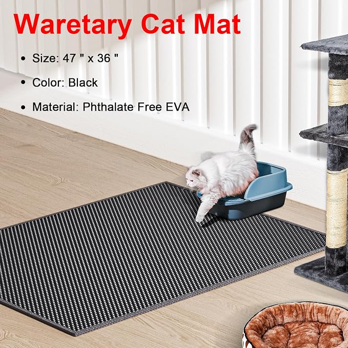 Waretary Cat Litter Mat, 47"x 36" Waterproof Scatter Control Black | Double Layer Litter Recycling, Easy to Clean, Non-Slip, Durable, Paw-Friendly, Safe & Odorless, Fits Large Litter Boxes - Image 2