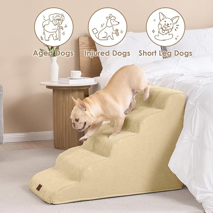 EHEYCIGA Curved Dog Stairs Ramp for High Beds 22.6" H, 5-Step Dog Steps for Small Dogs and Cats, Pet Stairs for High Bed Climbing, Non-Slip Balanced Pet Step Indoor, Graige - Image 4