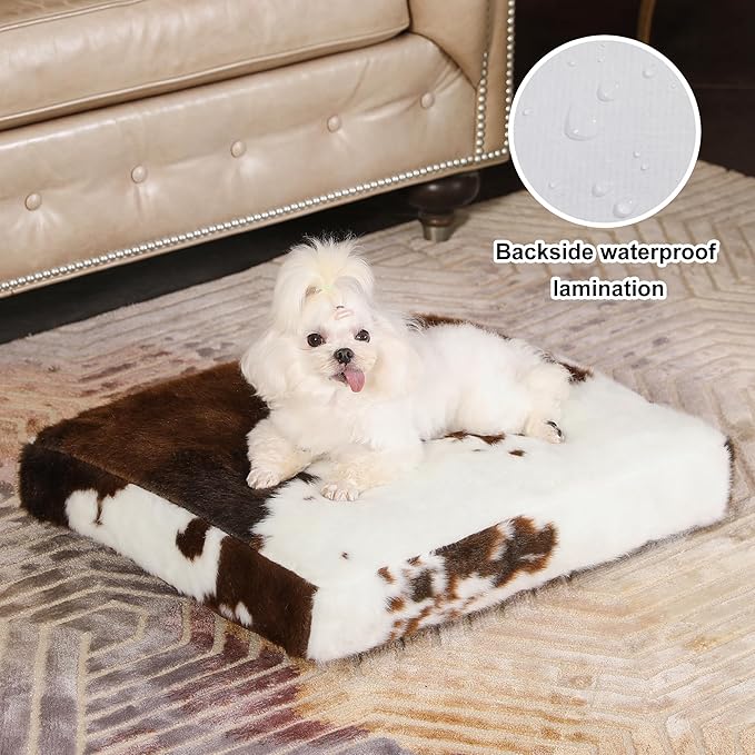 Bedfolks Waterproof Crate Bed, Plush Dog & Cat Bed with Removable Washable Cover, Faux Fur Kennel Pad, 17"x12", Cow Print - Image 2