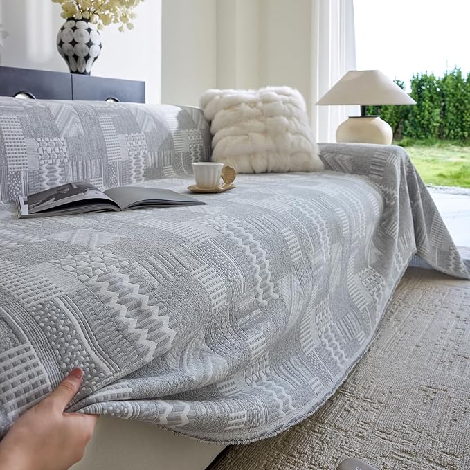 DREAMINGO Vintage Patchwork 3-Layer Gauze Geometric Jacquard Sofa Cover, Farmhouse Couch Cover Blanket for 3 Seater, Living Room Washable Furniture Protector, Light Grey, 91"x150" - Image 3