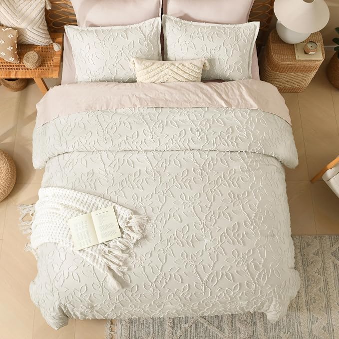 Litanika Super King Plus Comforter Set Beige, 3 Piece Boho Tufted Bedding, Fluffy Farmhouse Bed Set for All Season with 2 Leaf Pattern Pillowcases（128x120In） - Image 5