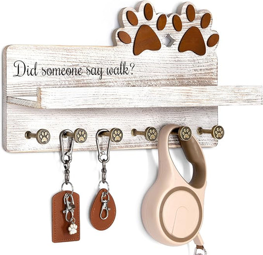 MTERSN Farmhouse Dog Leash Holder for Wall - Dog Stuff Organizer and Key Holder Wall Mount with a Floating Shelf & 6 Hooks for Home Decor - Perfect Gifts for Dogs Lovers (White) by MTERSN