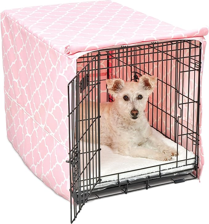 MidWest Homes for Pets Medium Dog Crate Cover Featuring Teflon Fabric Protector, Poly-Cotton Privacy Kennel Cover Fits Most 30-inch Crates, Pink Designer Print, Machine Washable, Reduces Barking by NewWorldPetProducts