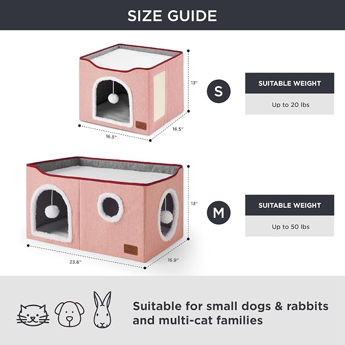 Bedsure Extra Wide Cat House Bed with Fluffy Ball and Scratch Pad,Pink | 23.6x16.9x13 in,Indoor Cat Cave for Multiple Pets, Foldable Cat Hideway Cube for Sleeping Large Cat and Kitten - Image 6