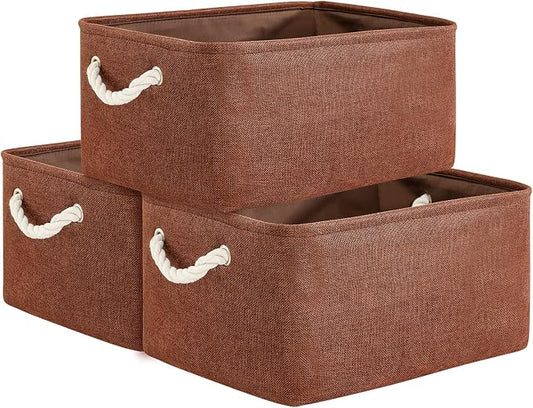 TheWarmHome Decorative Basket Rectangular Fabric Storage Bin Organizer Basket with Handles for Clothes Storage (Brown,Large-3Pack,15.7L*11.8W*8.3H) by TheWarmHome