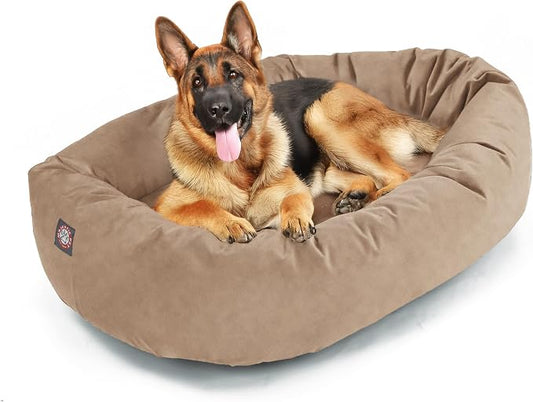 Majestic Pet Suede Shredded Memory Foam Mix Calming Dog Bed Washable - Cozy Soft Round Dog Bed with Spine for Head Support - Fluffy Donut Dog Bed, 52 Inch, Stone by MajesticPet