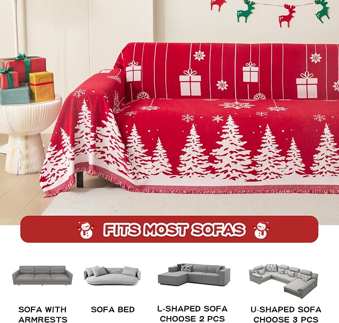 MEETSKY Christmas Couch Cover for Sectional Sofa, Chenille Loveseat Red Sofa Covers Washable for Pet Friendly Cedar Decorative Couch Covers, 71" x 102" - Image 2
