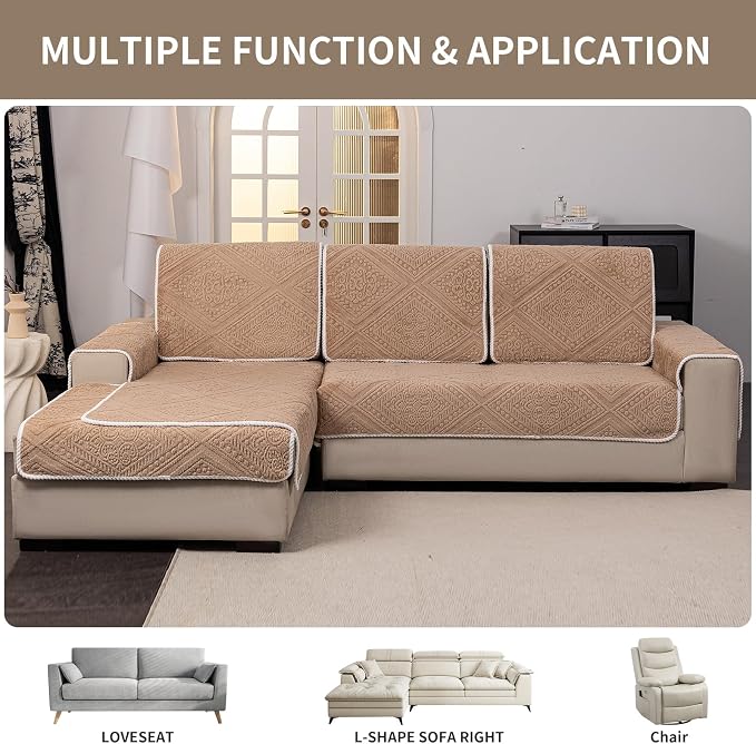 Boho Couch Cover Non Slip Sofa Cover Washable for Dogs, Sectional Couch Covers Soft, Plush Sofa Slipcover Furniture Protector Covers for L Shaped(Khaki, 36"x 63") - Image 5