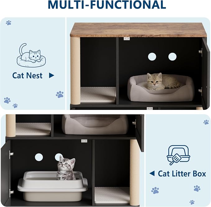 Garvee Cat Litter Box Enclosure for 2 Cats, Double Hidden Litter Box Furniture Cabinet with 2 Scratch Mat and Scratch Post, Modern Farmhouse Wooden Enclosed Cat Washroom, End Side Table - Image 7